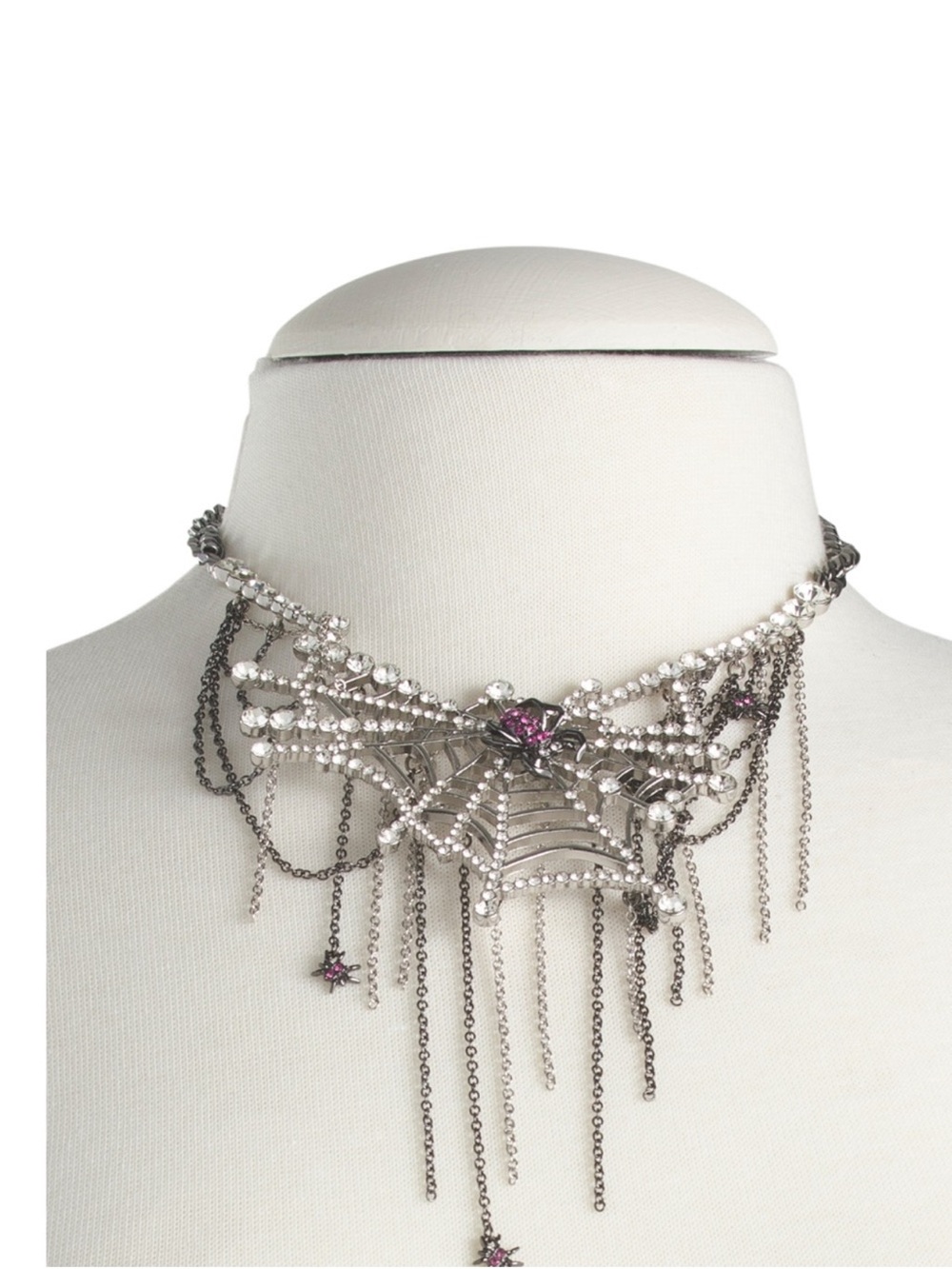 Betsey Johnson Silver Spiderweb Statement Necklace with Pink Accents